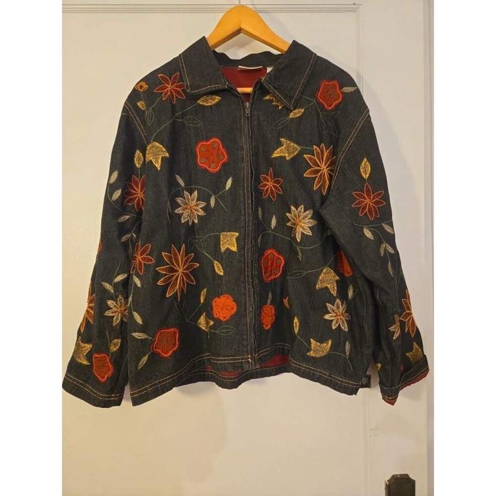 Chico's Vintage Embroidered Bead Floral Denim Zippered Jacket
